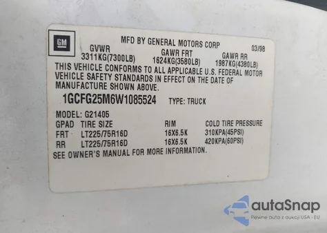 1998 Chevrolet Chevy Van G2500 from USA, damaged, VIN 1GCFG25M6W1085524